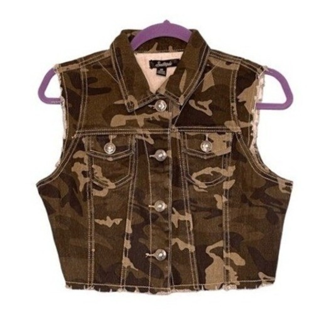 Y2K Southpole Cropped Camo Print‎ Denim Vest Green Sleeveless Button Down M - Picture 3 of 9